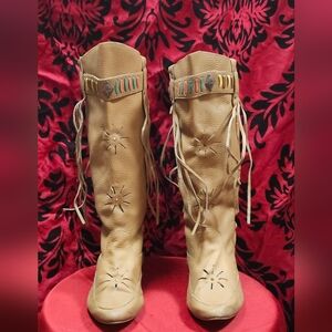 Tan Leather Women's Boots with Fringe